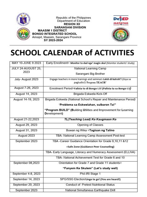 school calendar  activities sy   behavior modification