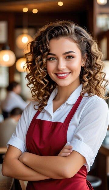 A Woman With Curly Hair Wearing An Apron With A Red Apron Premium AI