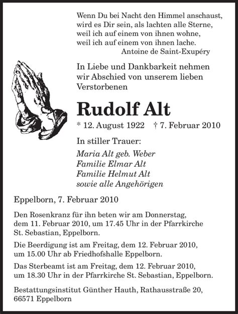 Traueranzeigen Von Rudolf Alt Saarbruecker Zeitung Trauer De