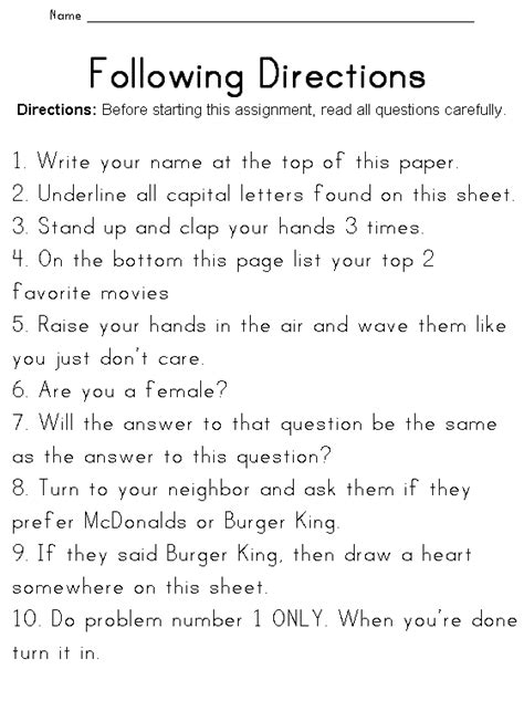 Following Directions Test For Rd Grade