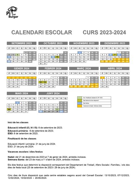 Calendari I Horari Del Curs Institut Escola Pi Del Burgar