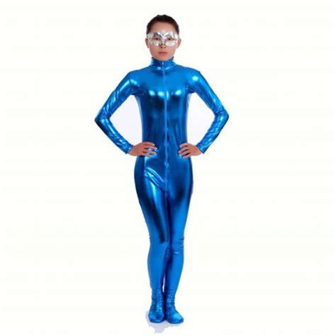 Ensnovo Nylon Lycra Shiny Metallic Turtleneck Bodysuit Blue Unitard