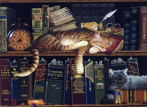 Cat On Bookshelf With Clock Charles Wysocki Art