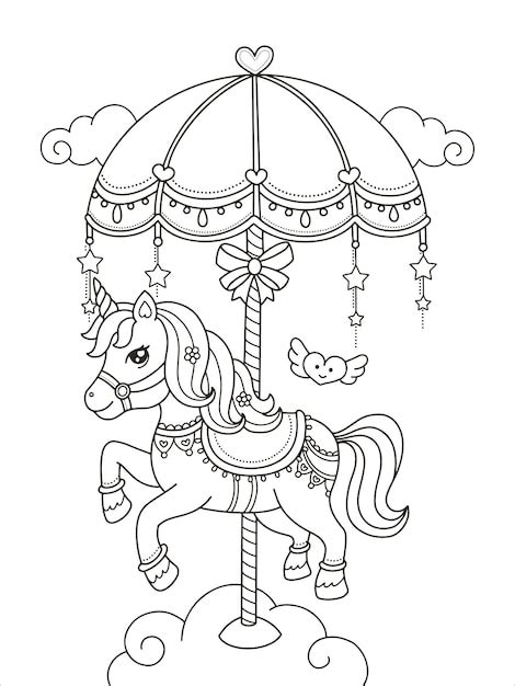 Dibujo De Lindo Carrusel Unicornio Imprimible Para Colorear Vector