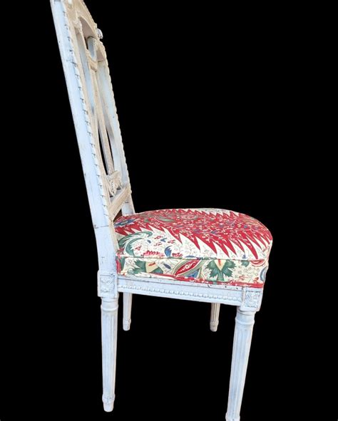 Proantic Chaise Dossier Lyre Poque Louis Xvi Tissu Braqueni