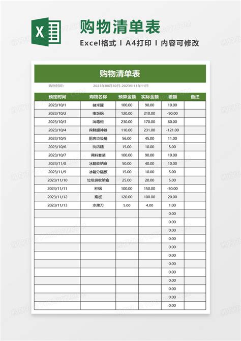 购物清单表excel模板下载熊猫办公