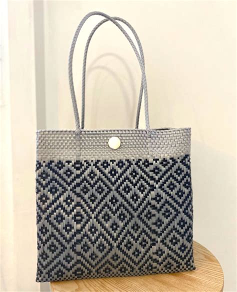 Sac cabas mexicain tissé ethnique chic gris et noir Tienda Elena