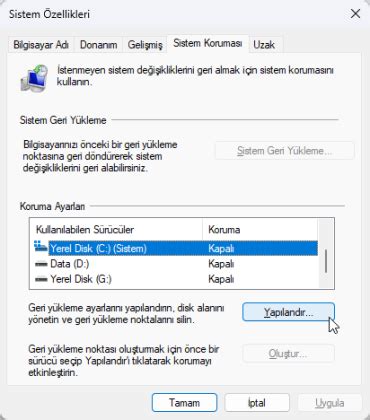 Windows 11 Sistem Geri Yükleme Noktası Oluşturma