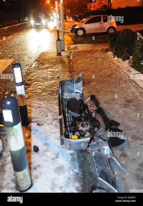 A Car Accident Involving Black Ice At Night Stock Photo Alamy