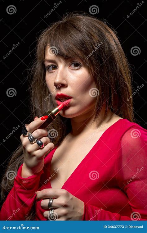 Elegant Sensual Woman Applying Red Lipstick Stock Image Image Of