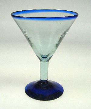 Martini Glasses Ocean-Blue Rim, Martini glass made in Mexico with recycled glass, Mexican blue glass