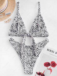 ZAFUL Dalmatian Print Knot High Leg Bikini Swimsuit In WHITE ZAFUL 2023