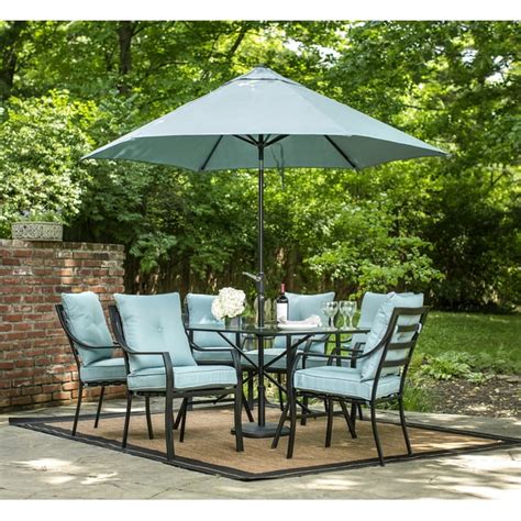 Hanover Lavallette 7 Piece Outdoor Dining Set And Table Umbrella With Stand