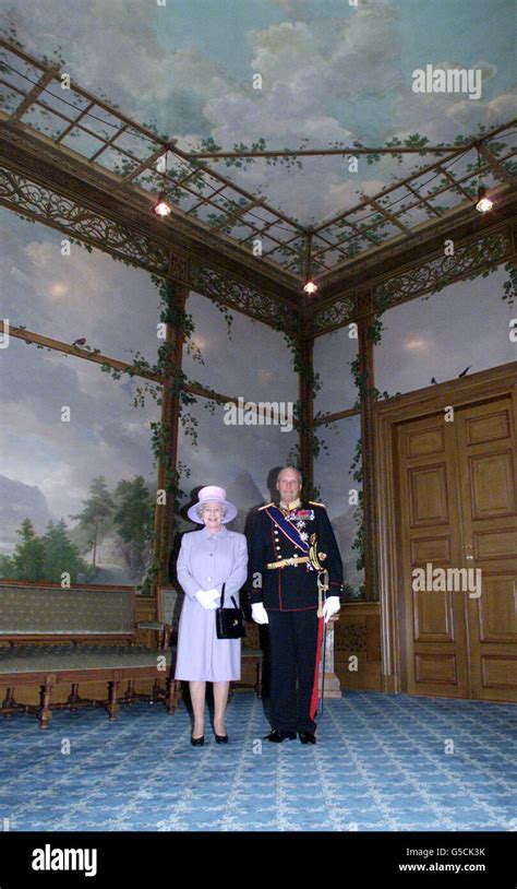 Queen Elizabeth II Pictured With Her Host King Harald Of Norway At The