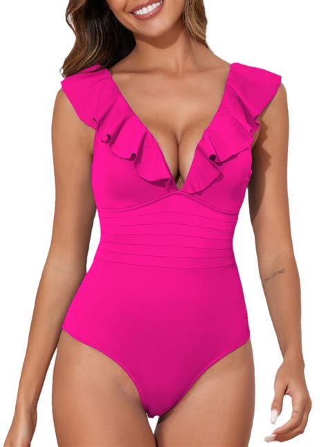 Simply Slim Womens Plus Size High Neck Blouson One Piece Swimsuit