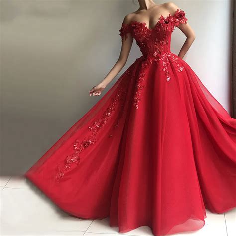 Red Muslim Evening Dresses V Neck Sequin Lace Tulle Off The