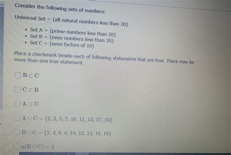 Solved Consider The Following Sets Of Numbers Universal Set