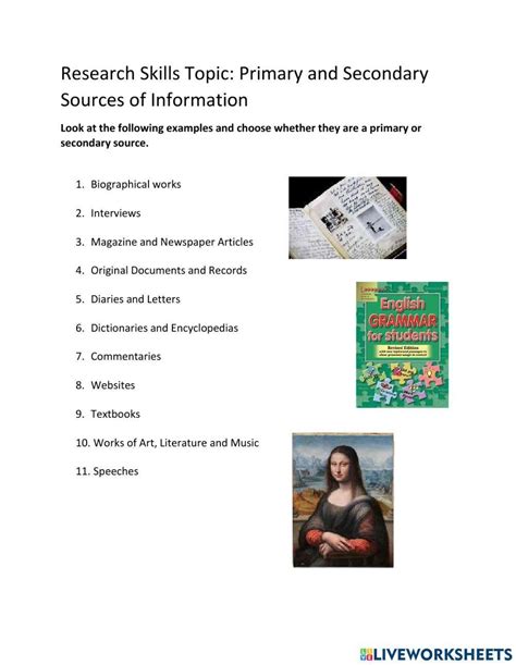 Research Skills Primary Vs Secondary Sources Worksheet Live