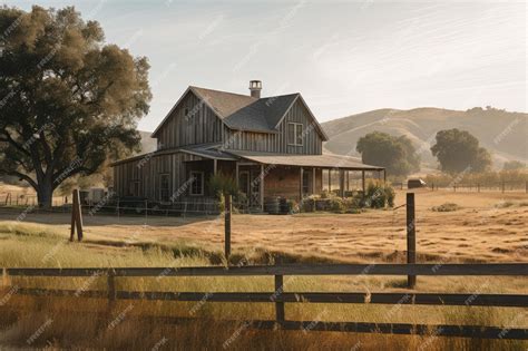 Premium AI Image | Ranch house exterior with barn and fields in the ...