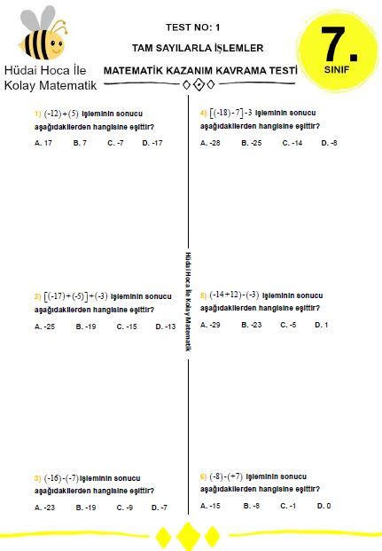 S N F Matematik Tam Say Lar Testi Sinif