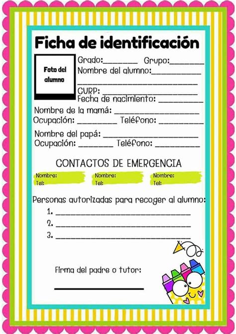 Ejemplos de Ficha de identificación escolar para Primaria Material