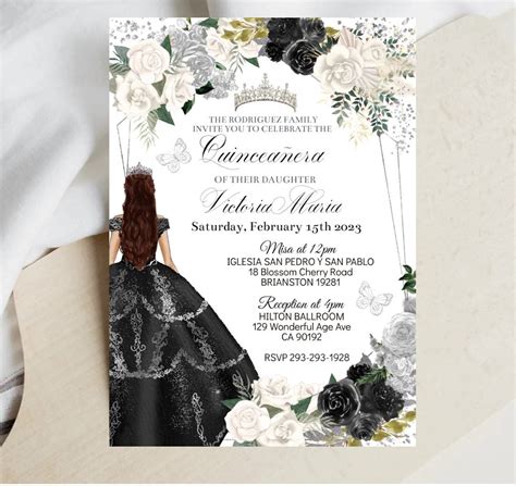 Invitación De Quinceañera Negro Blanco Plata Floral Plantilla Etsy España