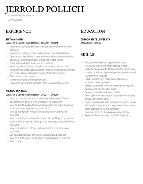 Control Room Operator Resume Samples | Velvet Jobs