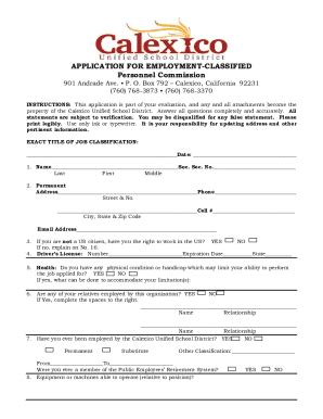 Fillable Online Application For Employment Classified Fax Email