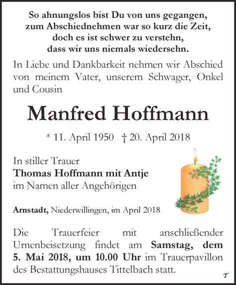 Traueranzeigen Von Manfred Hoffmann Trauer In Thueringen De