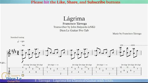 F Tárrega Lágrima for Classical Guitar with TABs YouTube