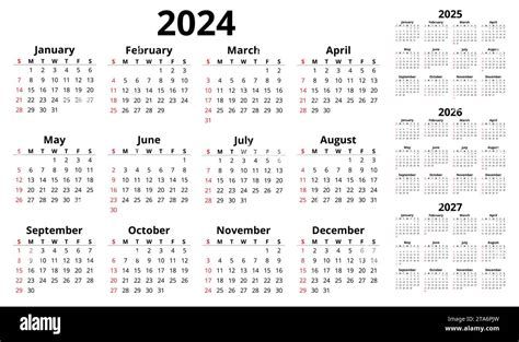 Vector 2024 2025 2026 2027 Calendari Orizzontali Inglesi Semplice