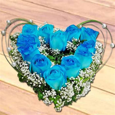 12 Blue Roses Heart Shape Table Arrangement Sg