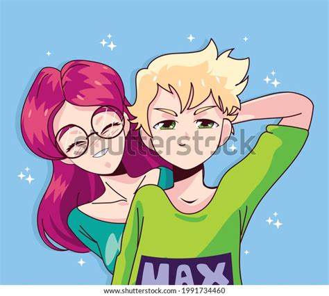 Manga Woman Man Couple Cartoons เวกเตอร์สต็อก ปลอดค่าลิขสิทธิ์