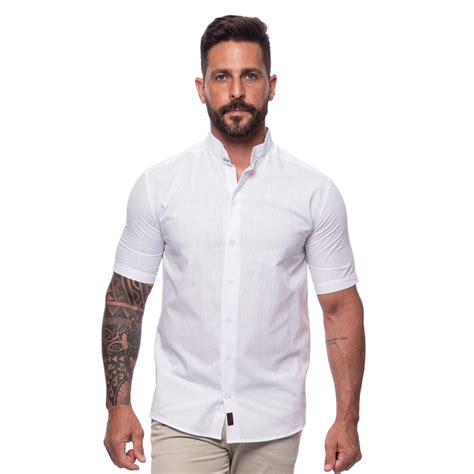 Camisa De Linho Masculina Gola Padre Manga Curta Lisa Teodoro Camisaria