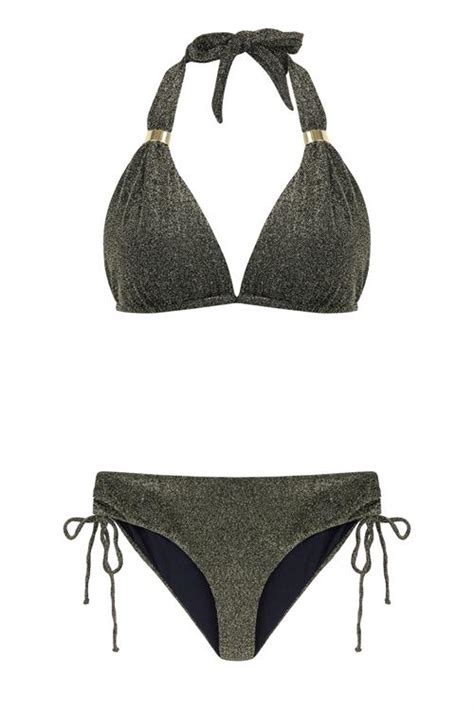 Uzun Üçgen Gold Simli Siyah Lureks Bikini Takım