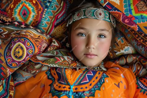 Premium Photo A Young Kazakh Girl In Vibrant Traditional Attire