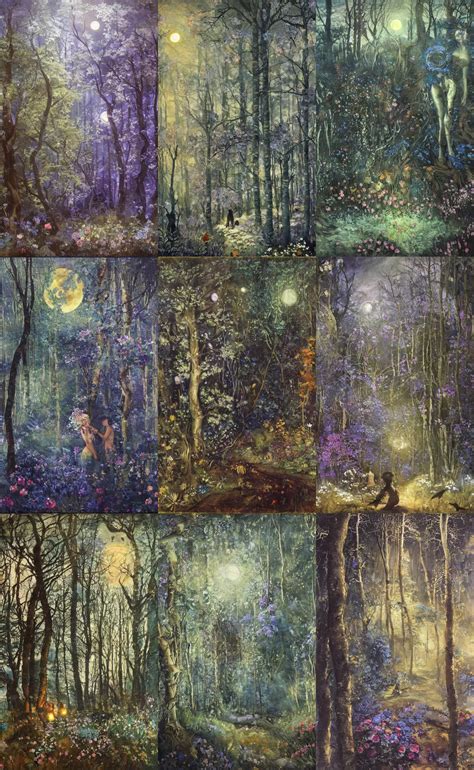 Painterly Dreamy Dark Forest With Trees Flowers Stable Diffusion