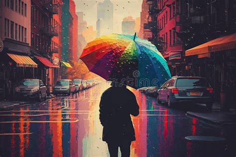 Person Enjoying The Sun And Rain With Rainbow Umbrella On Busy City