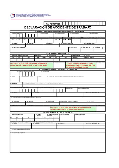 Declaración Accidente De Trabajo Inpsasel 1 CÉdula De Identidad M F