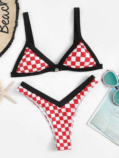 Shop Checker Top With High Leg Bikini Set Online Shein Offers Checker