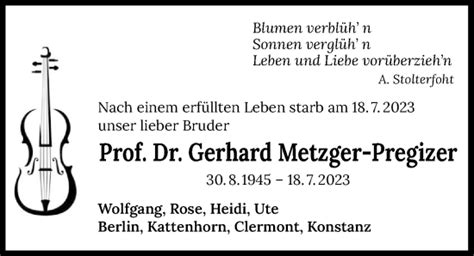 Traueranzeigen Von Gerhard Metzger Pregizer Trauerundgedenken De