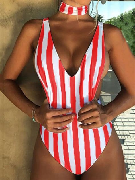 Women Sexy Stripped Low Cut One Piece Swimwear