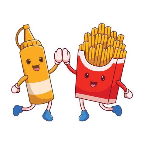 Cute Sauce Bottle High Five With French Fries Food Icon Concept Flat