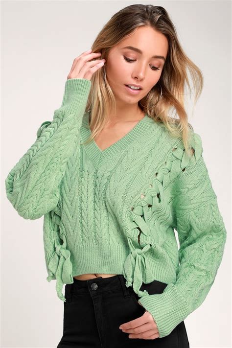 Cropped Mint Green Sweater Lace Up Sweater Cable Knit Sweater Lulus