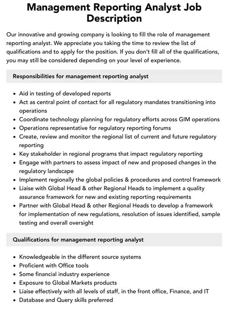 Management Reporting Analyst Job Description Velvet Jobs