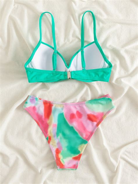 Shein Swim Vcay Tie Dye Bikini Set Wrap Push Up Bra Top Bikini Bottom