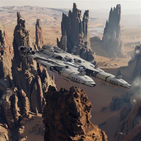 Futuristic Spaceship Flying Over A Desert Landscape With Tall Rock