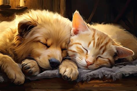 Premium AI Image | Cute cat and dog sleeping together on the bed ...