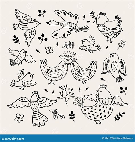 Funny Vector Hand Drawn Birds Decorative Doodle Birds With Plants And