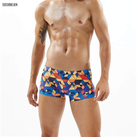 Seobean Swimwear Men Beach Board Swimming Shorts Briefs Sexy Geometric